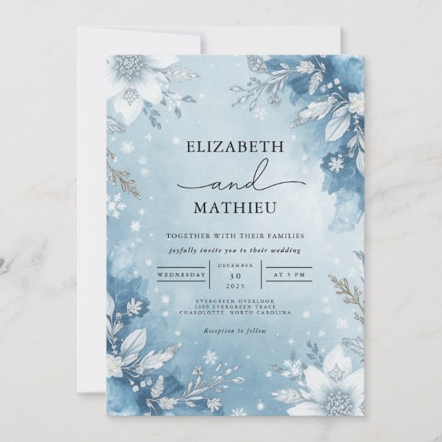 Icy Blue Floral Wreath Wedding Invitation (Front)