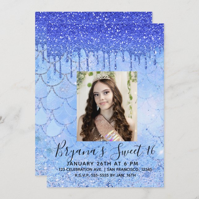 Icy Blue Glitter Drip Mermaid Sweet 16 Photo Invitation (Front/Back)