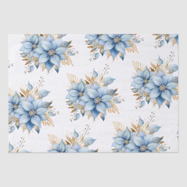 Icy Blue Gold Poinsettia Flower Christmas | NAME Tissue Paper (Front)