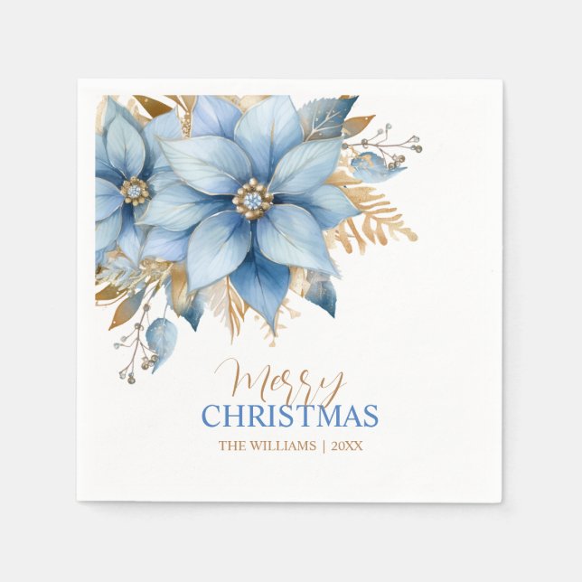  Icy Blue Gold Poinsettia Flower Christmas Napkin (Front)