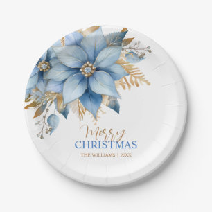  Icy Blue Gold Poinsettia Flower Christmas Paper Plate