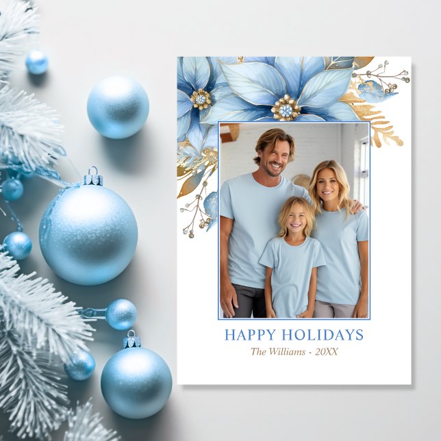 Icy Blue Gold Poinsettia Flower Christmas PHOTO Holiday Card (Icy Blue Gold Poinsettia Flower Christmas PHOTO Holiday Card)
