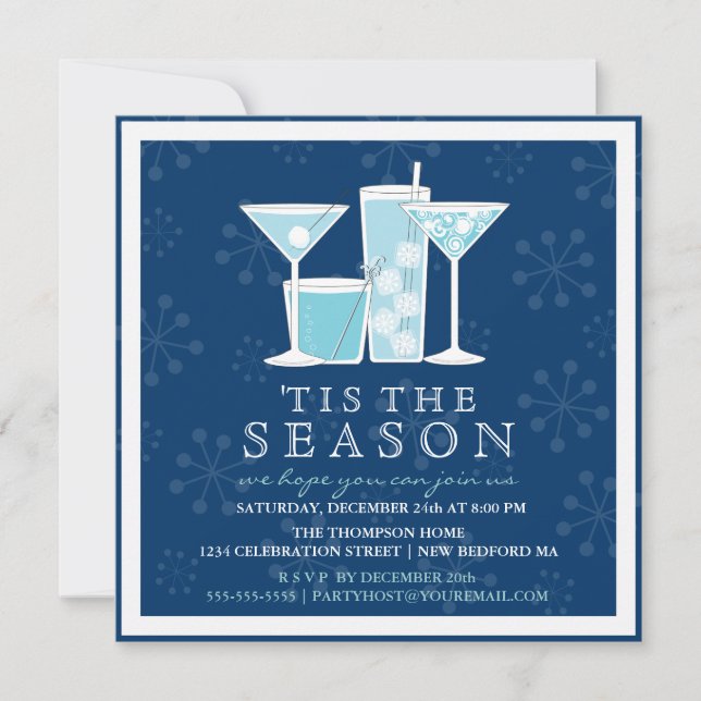 Icy Blue Holiday Snowflakes and Cocktail Party Invitation (Front)