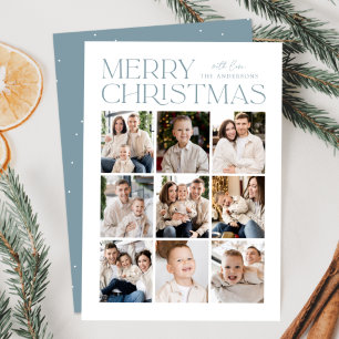 Icy Blue Modern Christmas 9 Photo Collage Holiday Card