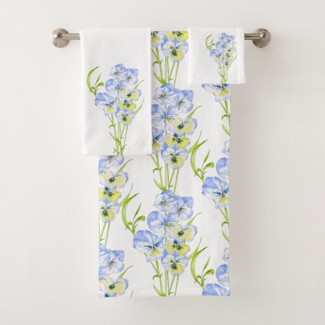 Icy Blue Pansies on a Bathroom Towel Set  (Insitu)