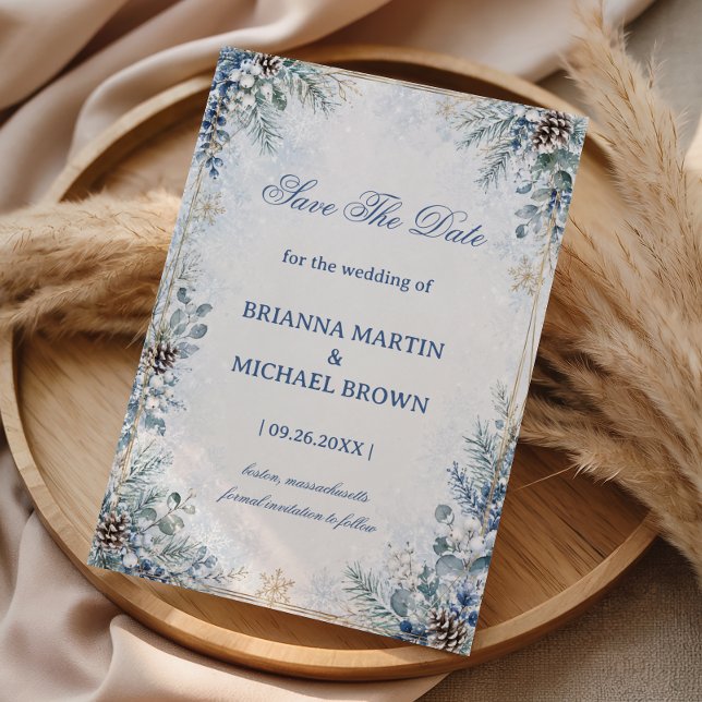 Icy Blue Pinecone Winter Romance Save The Date (Creator Uploaded)