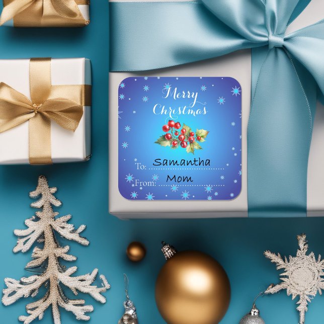 Icy Blue Red Holly Berries Merry Christmas  Square Sticker (Creator Uploaded)