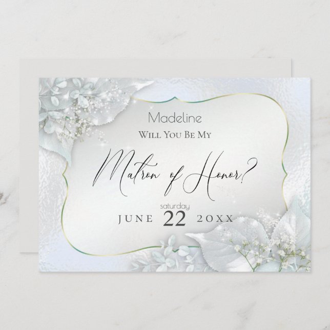 Icy Blue Shimmer Will You Be My Matron of Honour Invitation (Front/Back)