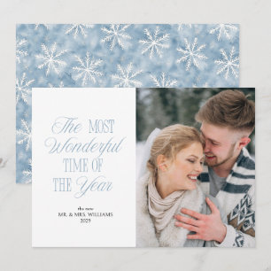 Icy Blue Snowflake First Married Christmas Photo Holiday Card