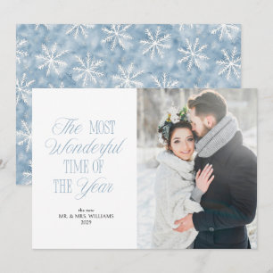 Icy Blue Snowflake First Married Christmas Photo Holiday Card