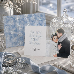 Icy Blue Snowflake First Married Christmas Photo Holiday Card