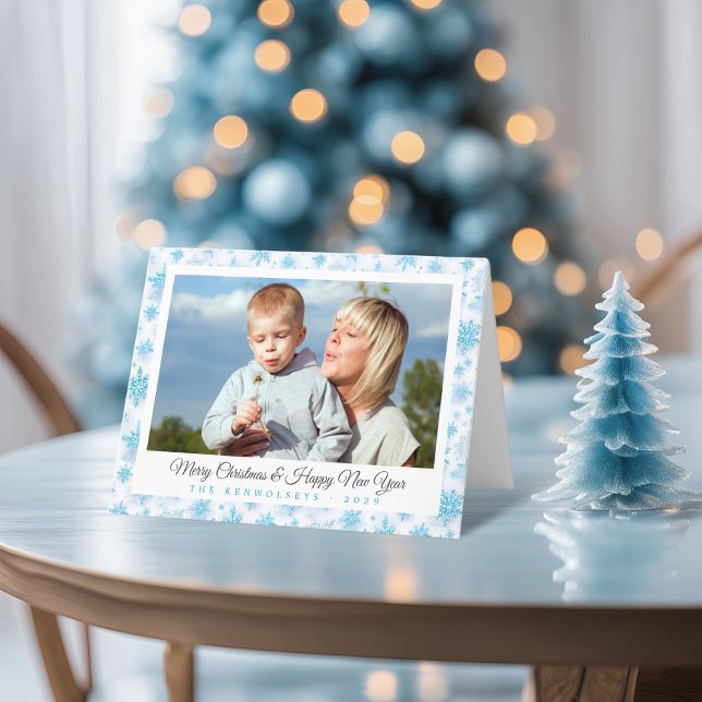 Icy Blue Snowflakes Christmas Photo Holiday Card (Cool Icy Blue Snowflakes Christmas Photo Holiday Card)