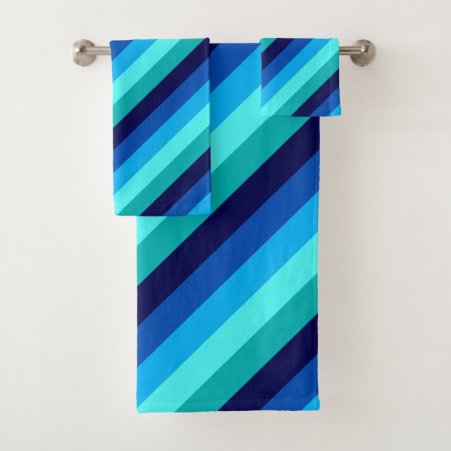 Icy Blue Teal Stripes Bath Towel Set (Insitu)