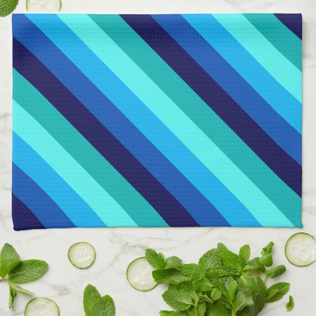 Icy Blue Teal Stripes Kitchen Towel (Folded)