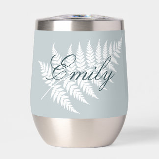 Icy Blue White Fern Stylish Custom Name Silver