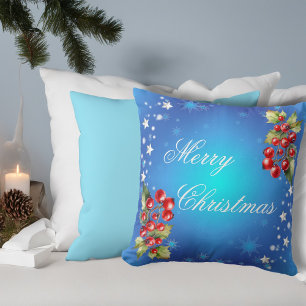 Icy Blue Winter Stars & Holly Merry Christmas Cushion