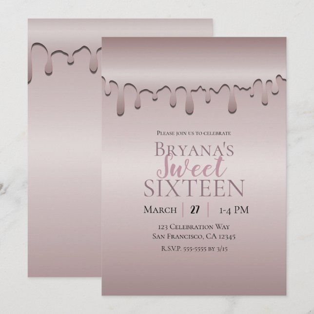 Icy Blush Rose Gold Pink Drip Sweet 16 Sixteen Invitation (Front/Back)