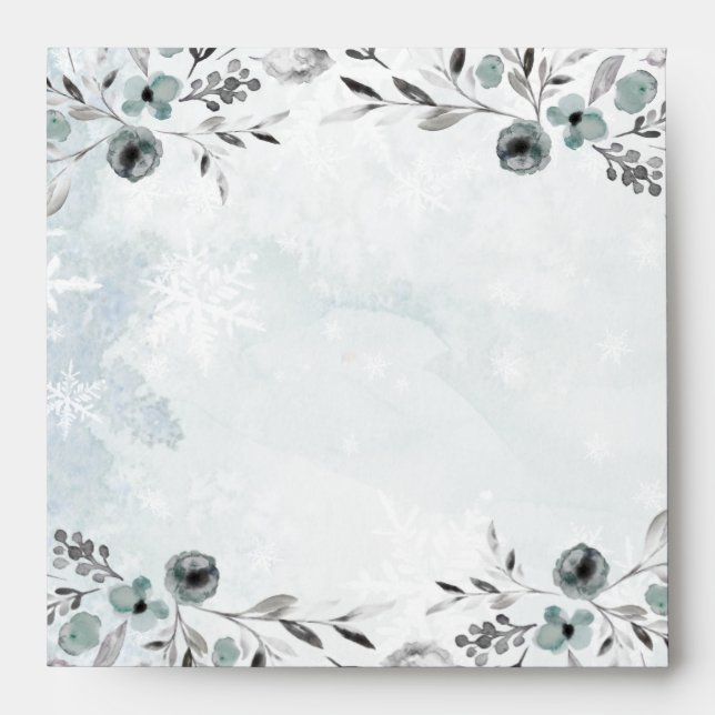Icy Dusty Blue Winter Greenery Script Calligraphy Envelope (Front)