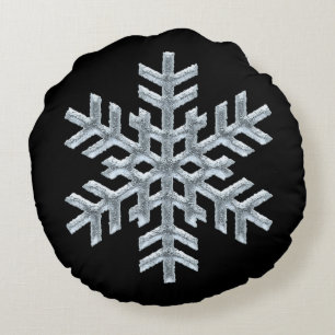 Icy Frozen Christmas Snowflake on Classy Black Round Cushion