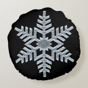 Icy Frozen Christmas Snowflake on Classy Black Round Cushion