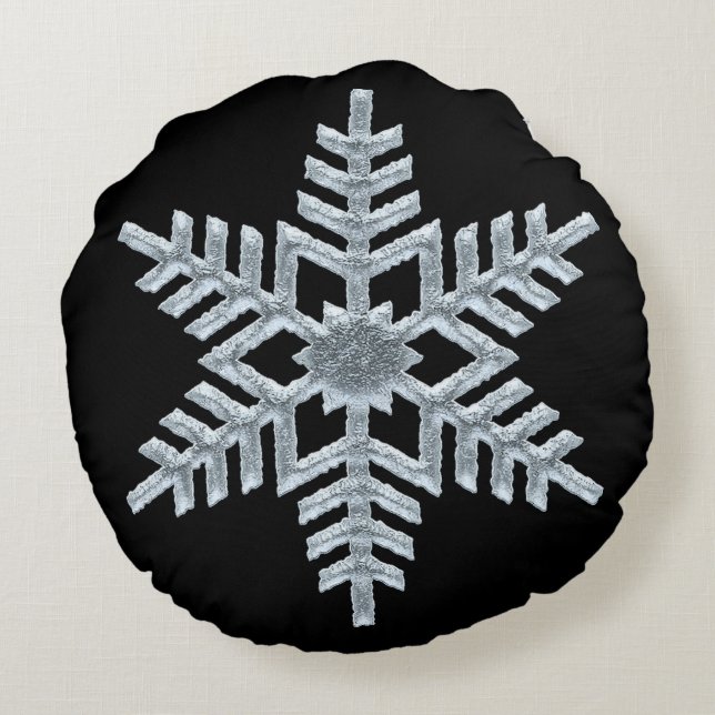 Icy Frozen Christmas Snowflake on Classy Black Round Cushion (Back)