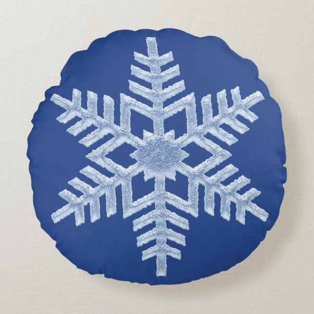Icy Frozen Christmas Snowflake on Deep Blue Round Cushion (Front)