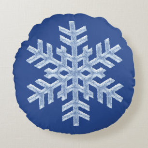 Icy Frozen Christmas Snowflake on Deep Blue Round Cushion