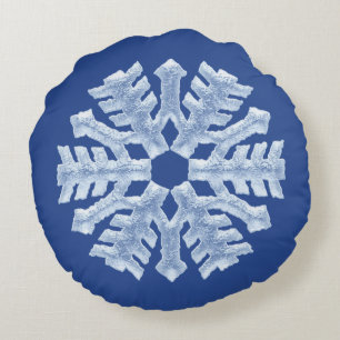 Icy Frozen Christmas Snowflake on Deep Blue Round Cushion