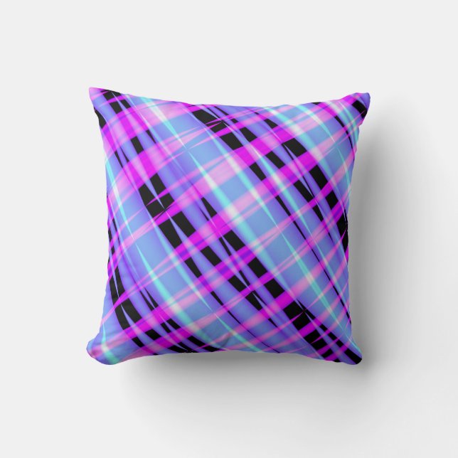 Icy Hot Pink Blue and Black Abstract Plaid Pillow (Front)