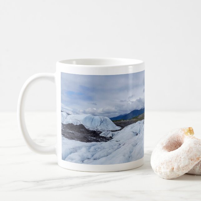 Icy Mountain Glacier Scene with Cloudy Sky Coffee Mug (With Donut)