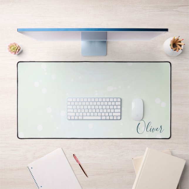 Icy Pale Green Ethereal Bokeh Galaxy and Teal Name Desk Mat (Office 1)