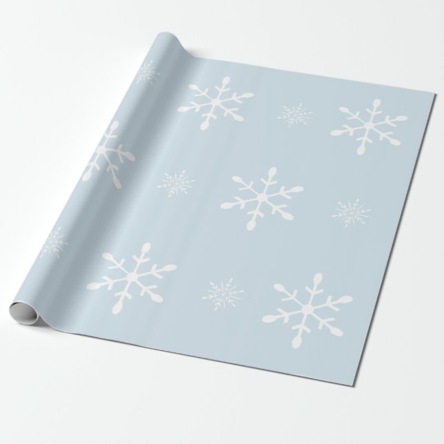 Icy Pastel Blue with White Snowflakes | Christmas Wrapping Paper (Unrolled)