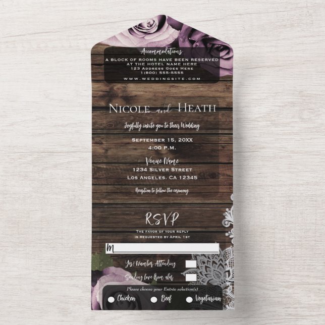 Icy Pink Mauve Roses Lace Rustic Wood Wedding  All In One Invitation (Inside)