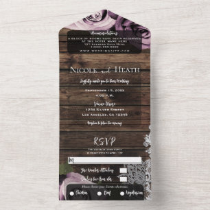 Icy Pink Mauve Roses Lace Rustic Wood Wedding  All In One Invitation