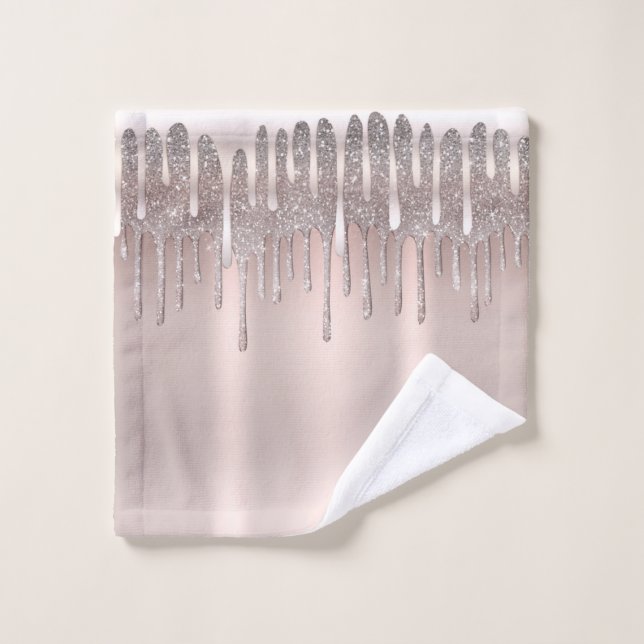 Icy Pink Rose Gold Diamond Glitter Sparkle Drip Bath Towel Set (Wash Cloth)