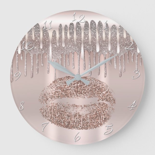 Icy Pink Rose Gold Lips Diamond Glitter Drip Large Clock (Front)