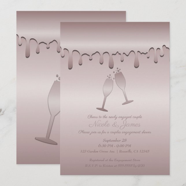 Icy Pink Rose Gold Toast Glasses Engagement Party Invitation (Front/Back)