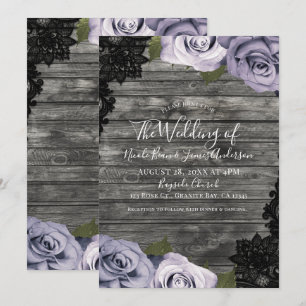 Icy Purple Roses Rustic Wood Black Lace Wedding Invitation