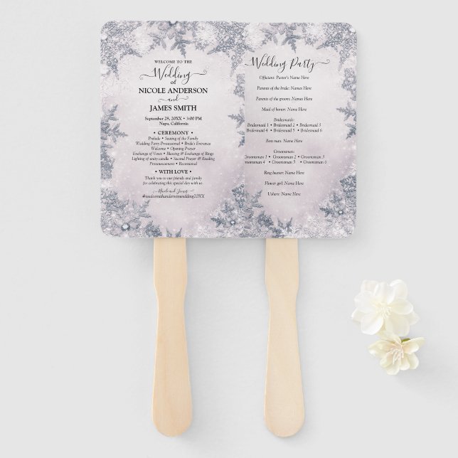 Icy Snowflakes White Winter Wonderland Wedding  Hand Fan (Front and Back)