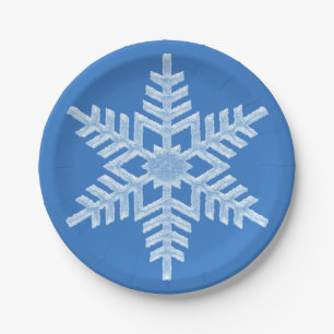 Icy White Frozen Snowflake Frosty Blue Christmas Paper Plate