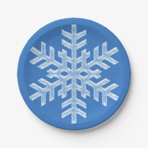 Icy White Snowflake Frozen Frosty Blue Christmas Paper Plate