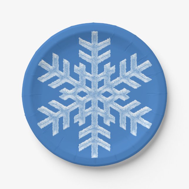 Icy White Snowflake Frozen Frosty Blue Christmas Paper Plate (Front)