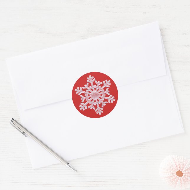 Icy White Snowflake on Cosy Warm Red Christmas Classic Round Sticker (Envelope)