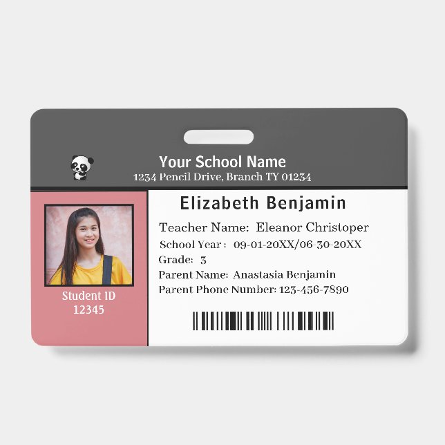ID Identification Card Bar Code Student School Badge (Front)