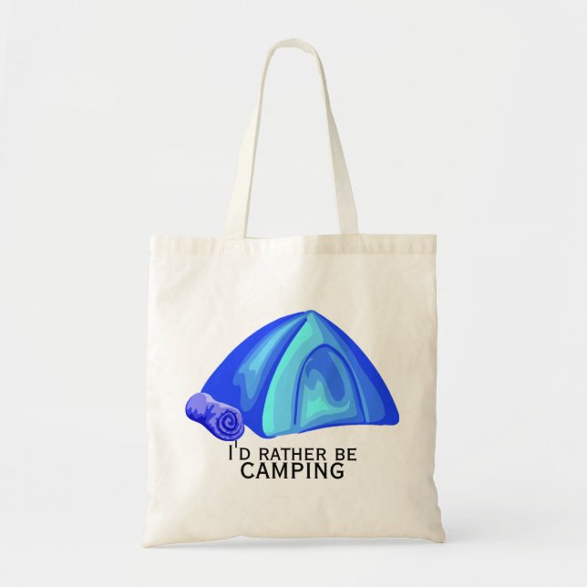 I'd rather be camping blue tent tote bag (Front)