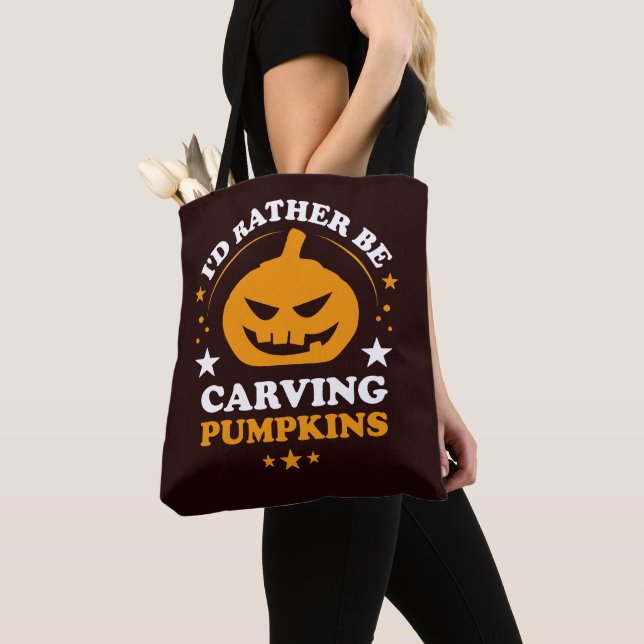 I'd Rather Be Carving Pumpkins Funny Halloween Tote Bag (Close Up)