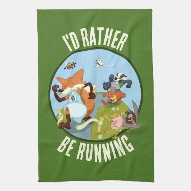 I'd Rather Be Running Fox & Badger Woodland Race Tea Towel (Vertical)