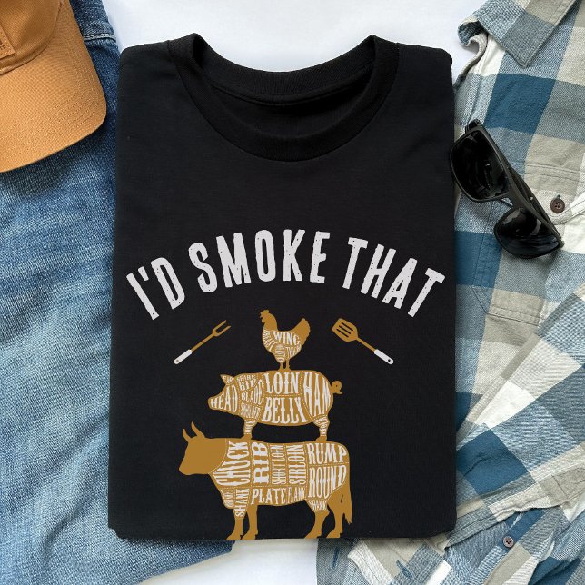 I'd Smoke That Funny BBQ Meat Grill Gift for Dad T-Shirt (I'd Smoke That butcher cuts vintage cow pig chicken BBQ grilling smoked meat funny black shirt gift)