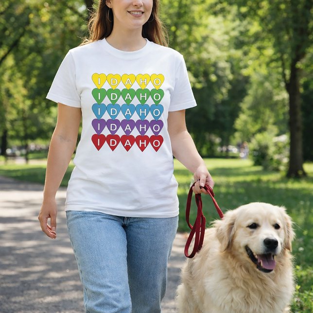 Idaho Colourful Hearts Pattern T-Shirt (A shirt that says Idaho in yellow, green, blue, purple and red hearts.)