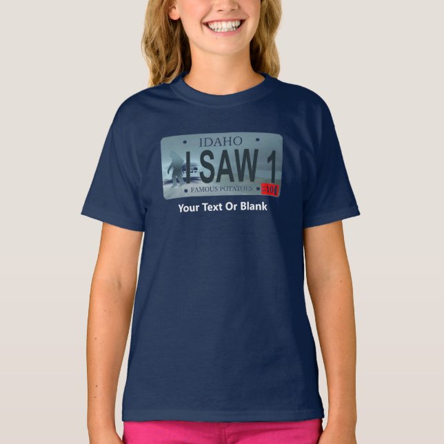 Idaho "I Saw 1" Sasquatch License Plate T-Shirt (Front)